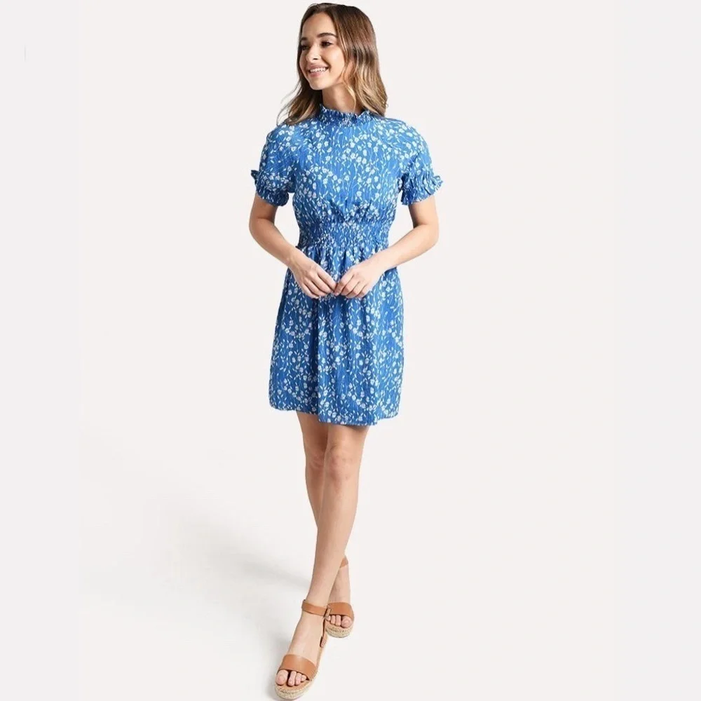Hayden Blue Floral Smocked Neck Mini Dress Short Sleeve